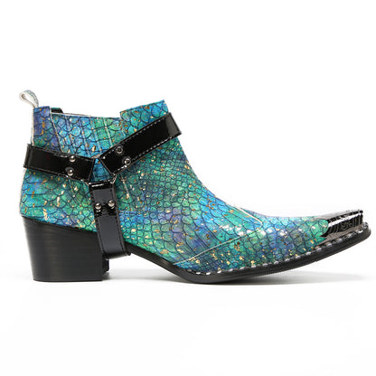 Mens Blue Snakeskin Print Harness Strap Western Chelsea Boots