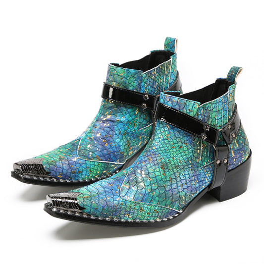 Mens Blue Snakeskin Print Harness Strap Western Chelsea Boots