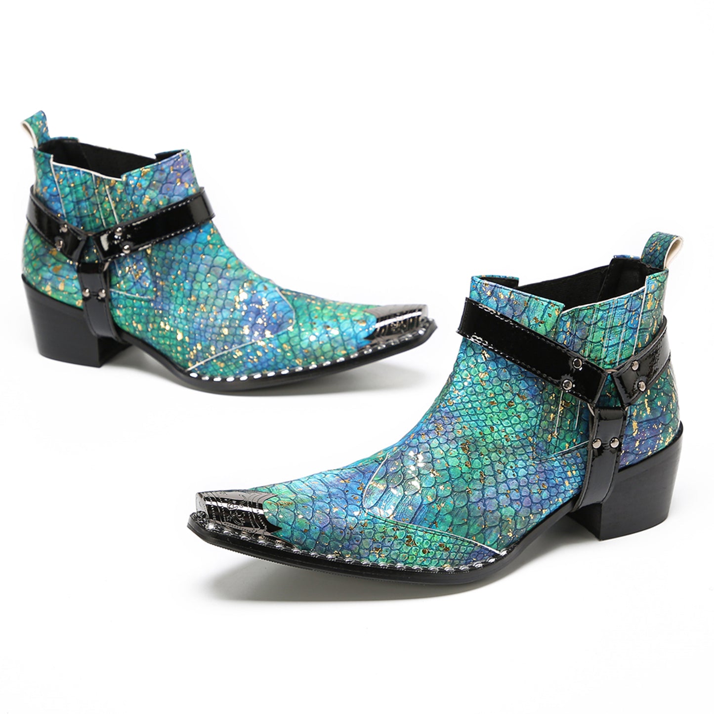 Mens Blue Snakeskin Print Harness Strap Western Chelsea Boots