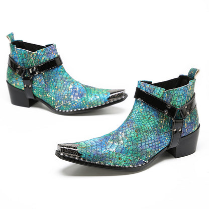 Mens Blue Snakeskin Print Harness Strap Western Chelsea Boots