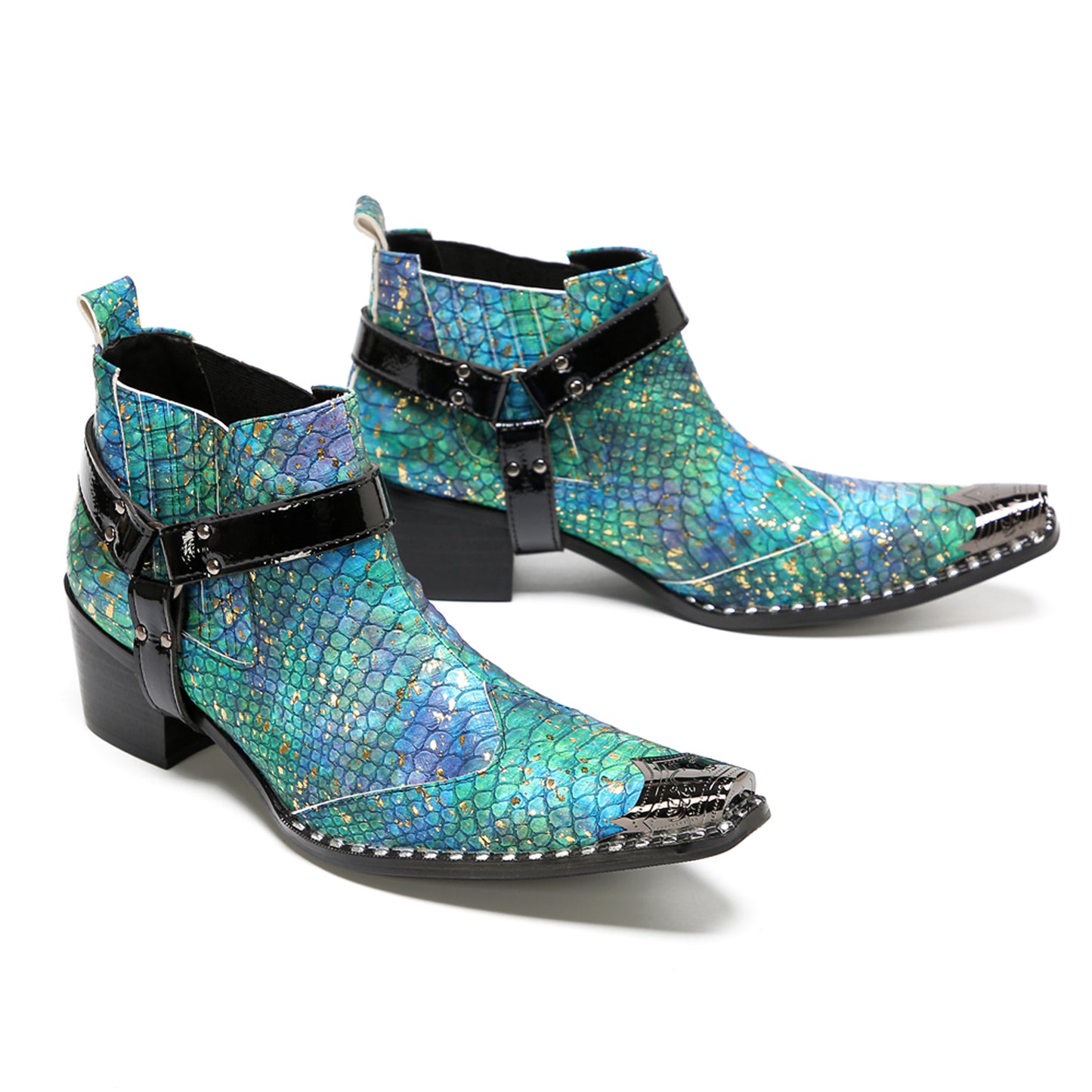 Mens Blue Snakeskin Print Harness Strap Western Chelsea Boots