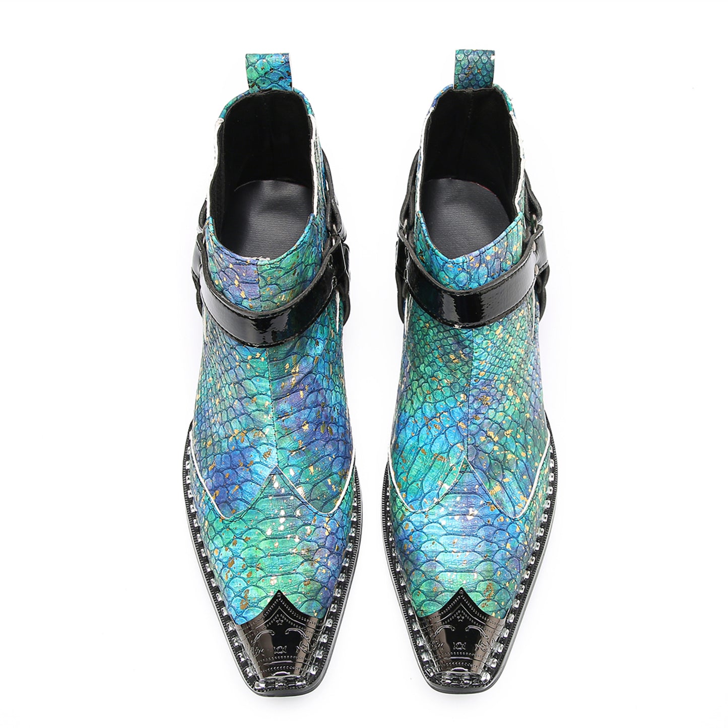 Mens Blue Snakeskin Print Harness Strap Western Chelsea Boots