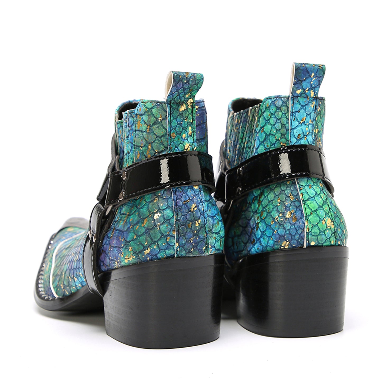 Mens Blue Snakeskin Print Harness Strap Western Chelsea Boots
