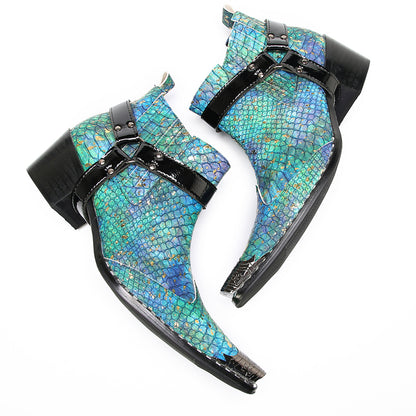 Mens Blue Snakeskin Print Harness Strap Western Chelsea Boots