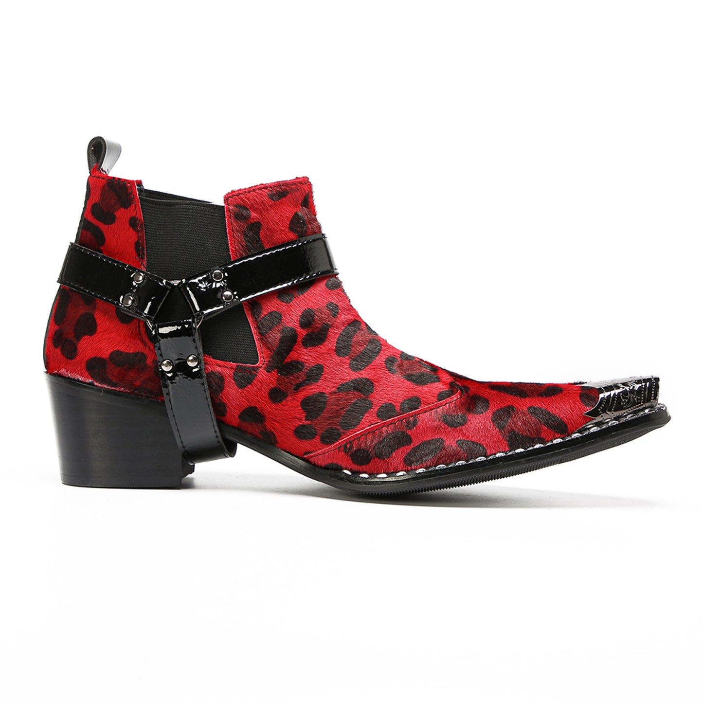 Mens Red Leopard Print & Harness Strap Western Chelsea Boots