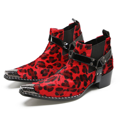 Mens Red Leopard Print & Harness Strap Western Chelsea Boots