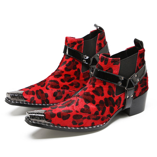 Mens Red Leopard Print & Harness Strap Western Chelsea Boots