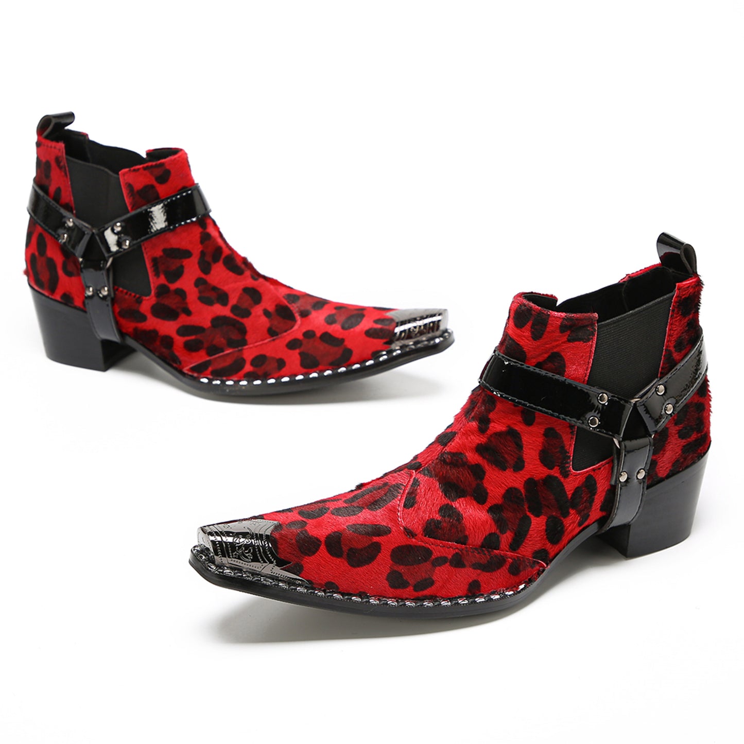 Mens Red Leopard Print & Harness Strap Western Chelsea Boots