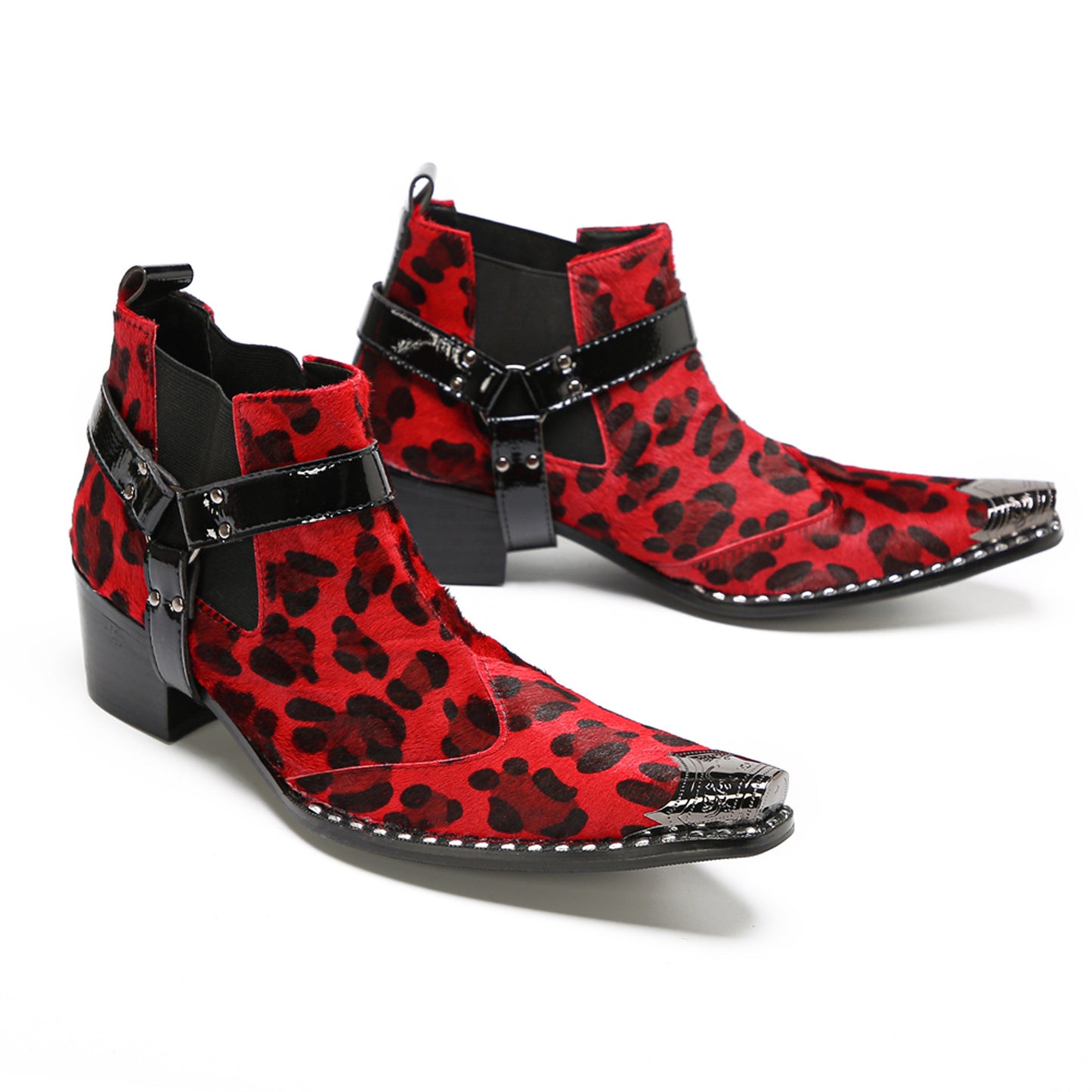 Mens Red Leopard Print & Harness Strap Western Chelsea Boots