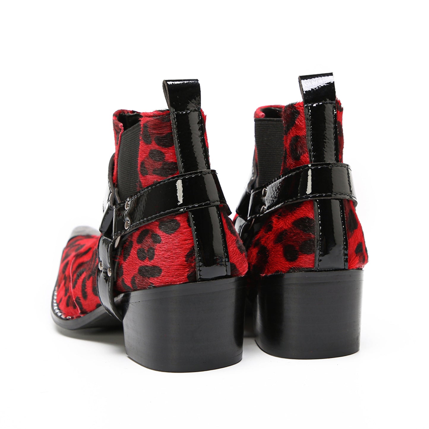 Mens Red Leopard Print & Harness Strap Western Chelsea Boots