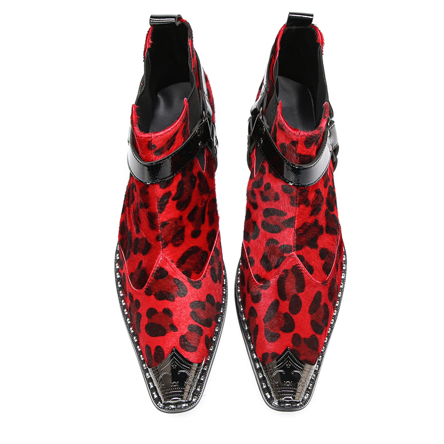 Mens Red Leopard Print & Harness Strap Western Chelsea Boots