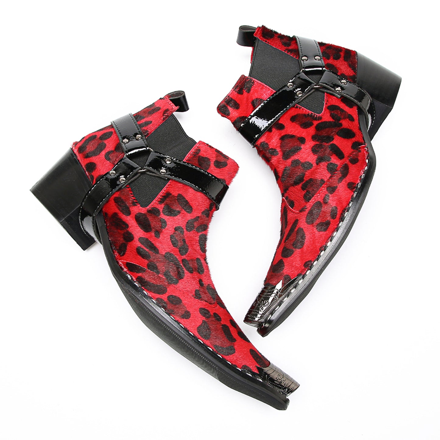 Mens Red Leopard Print & Harness Strap Western Chelsea Boots