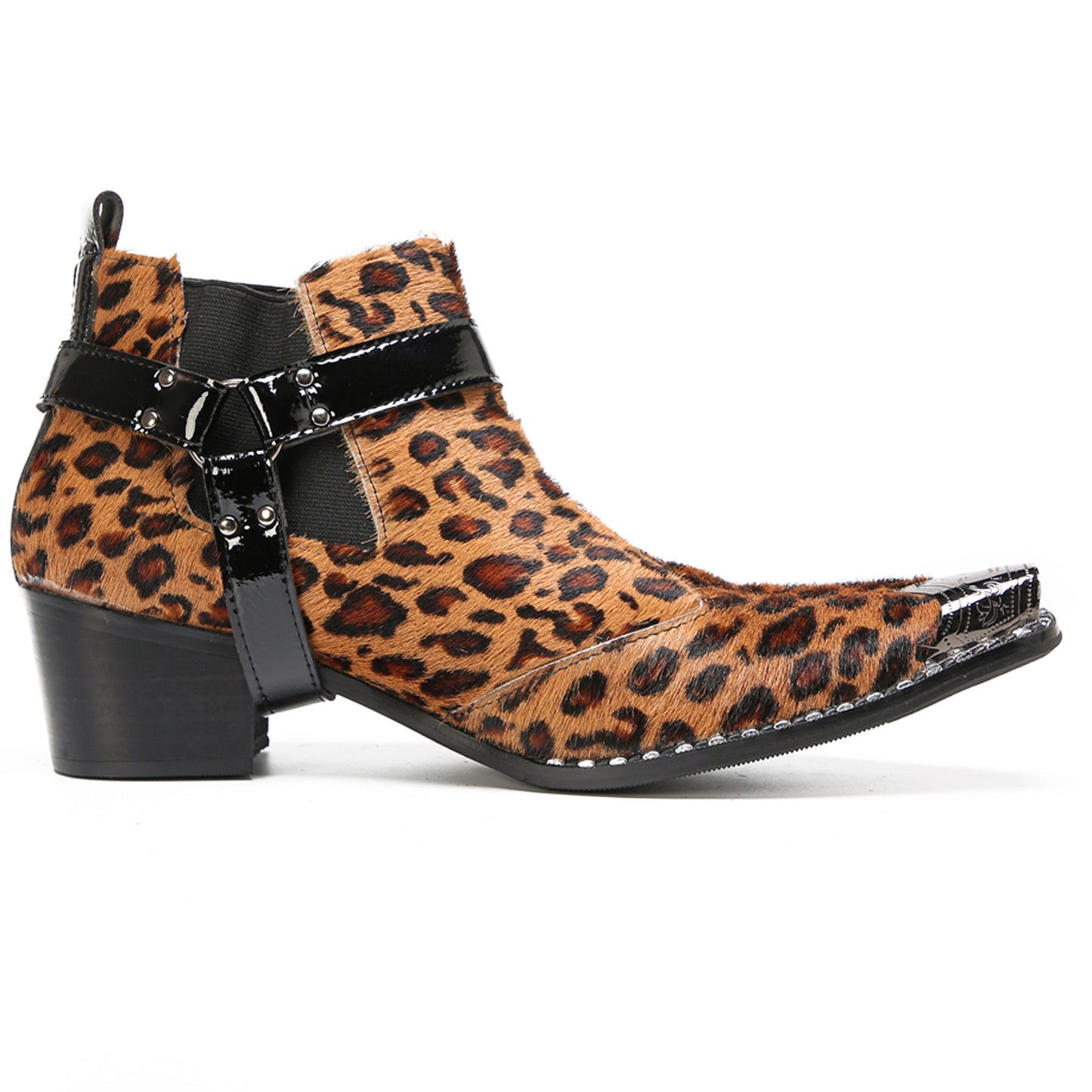 Mens Leopard Print & Harness Strap Western Chelsea Boots