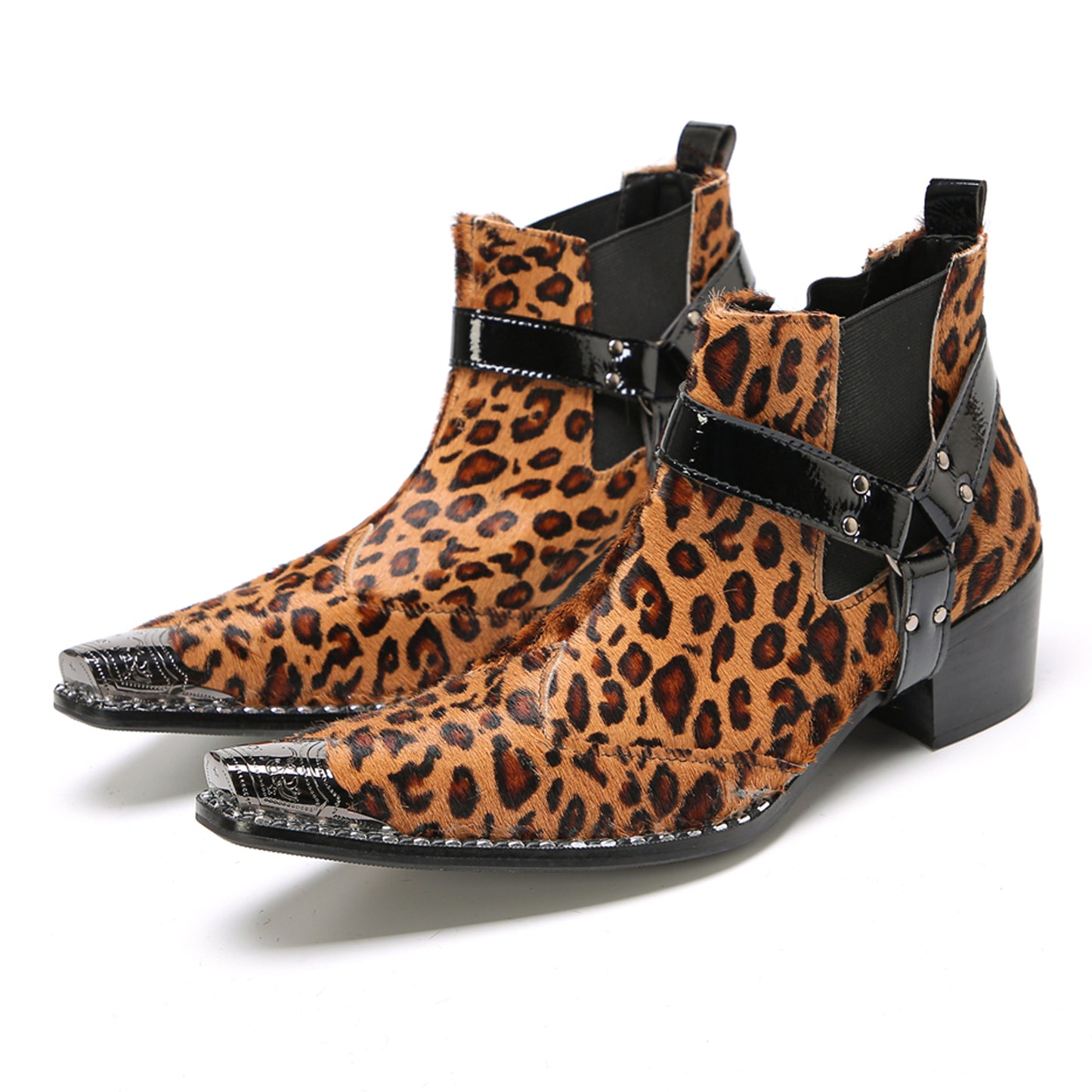 Mens Leopard Print & Harness Strap Western Chelsea Boots