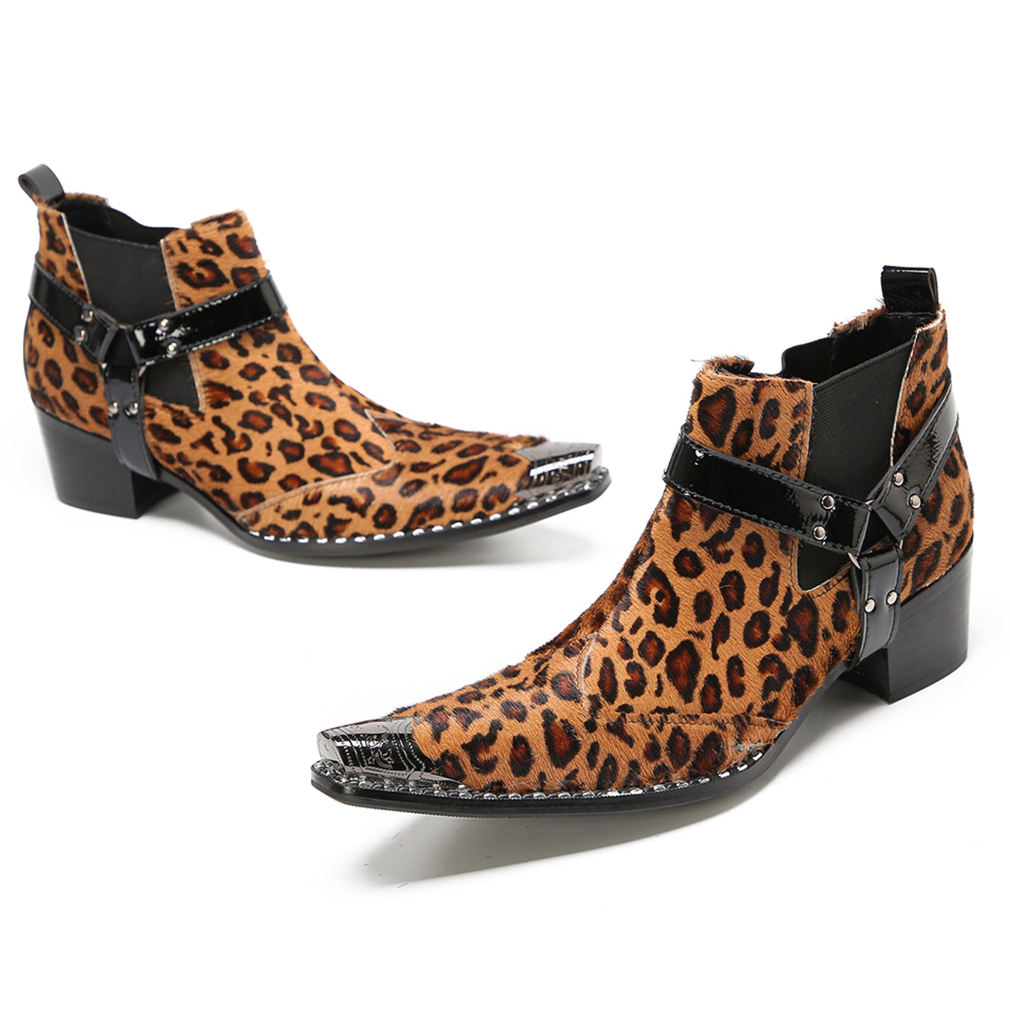 Mens Leopard Print & Harness Strap Western Chelsea Boots