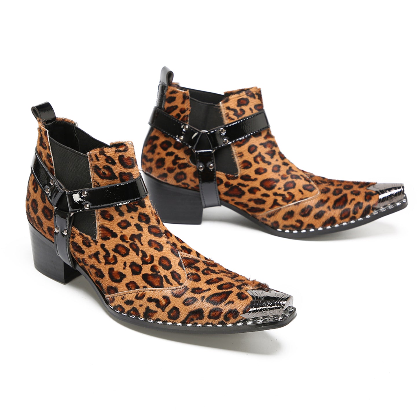Mens Leopard Print & Harness Strap Western Chelsea Boots