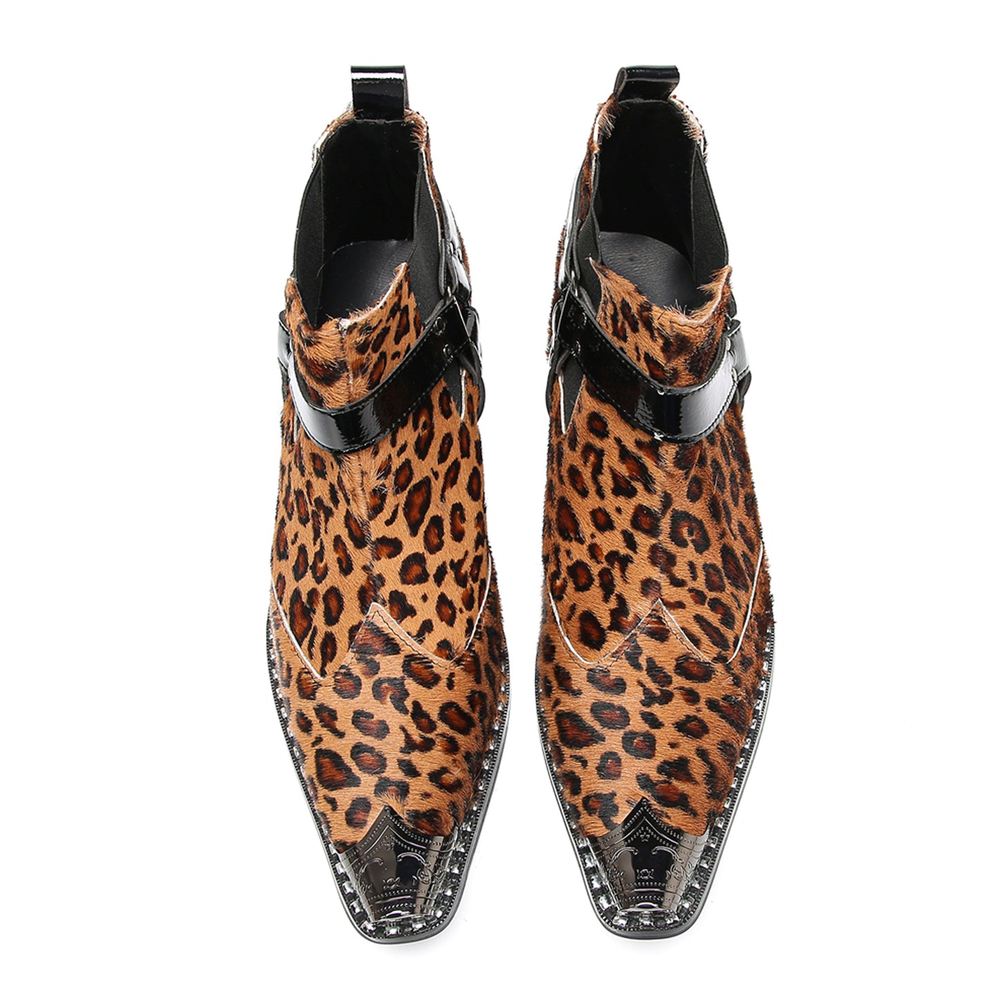 Mens Leopard Print & Harness Strap Western Chelsea Boots