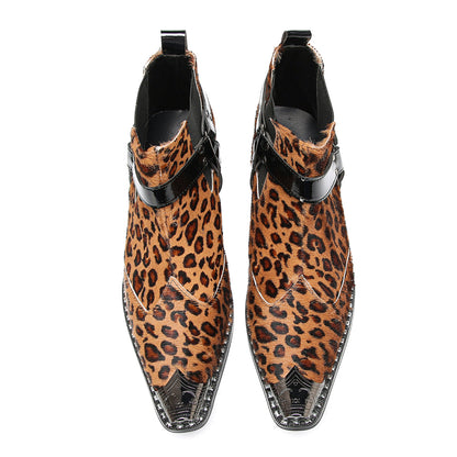 Mens Leopard Print & Harness Strap Western Chelsea Boots