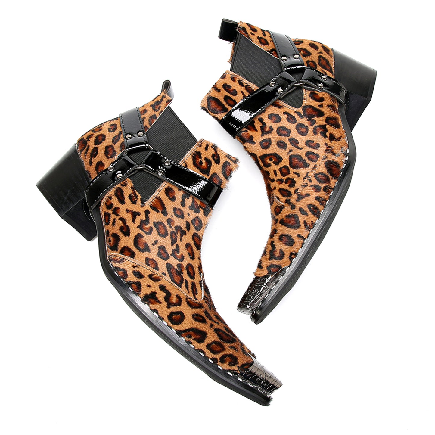 Mens Leopard Print & Harness Strap Western Chelsea Boots