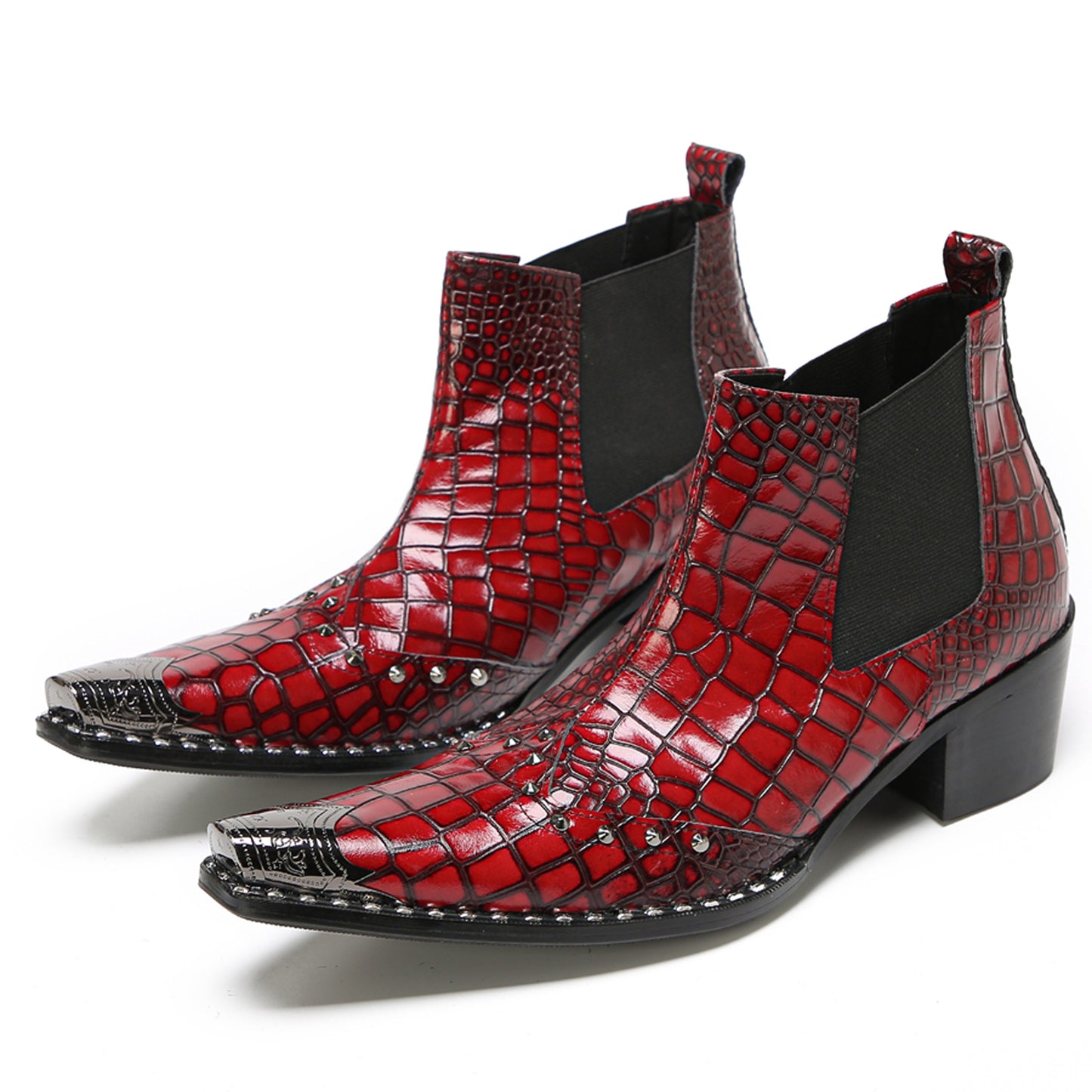 Mens Red Crocodile Print Party Dress Western Chelsea Boots