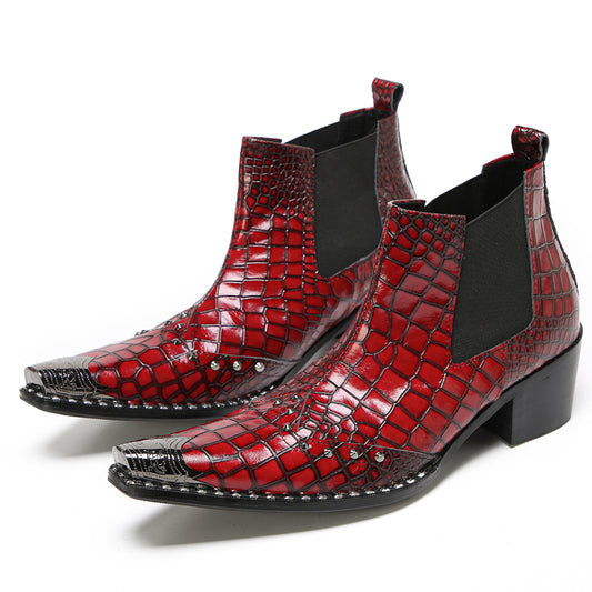 Mens Red Crocodile Print Party Dress Western Chelsea Boots