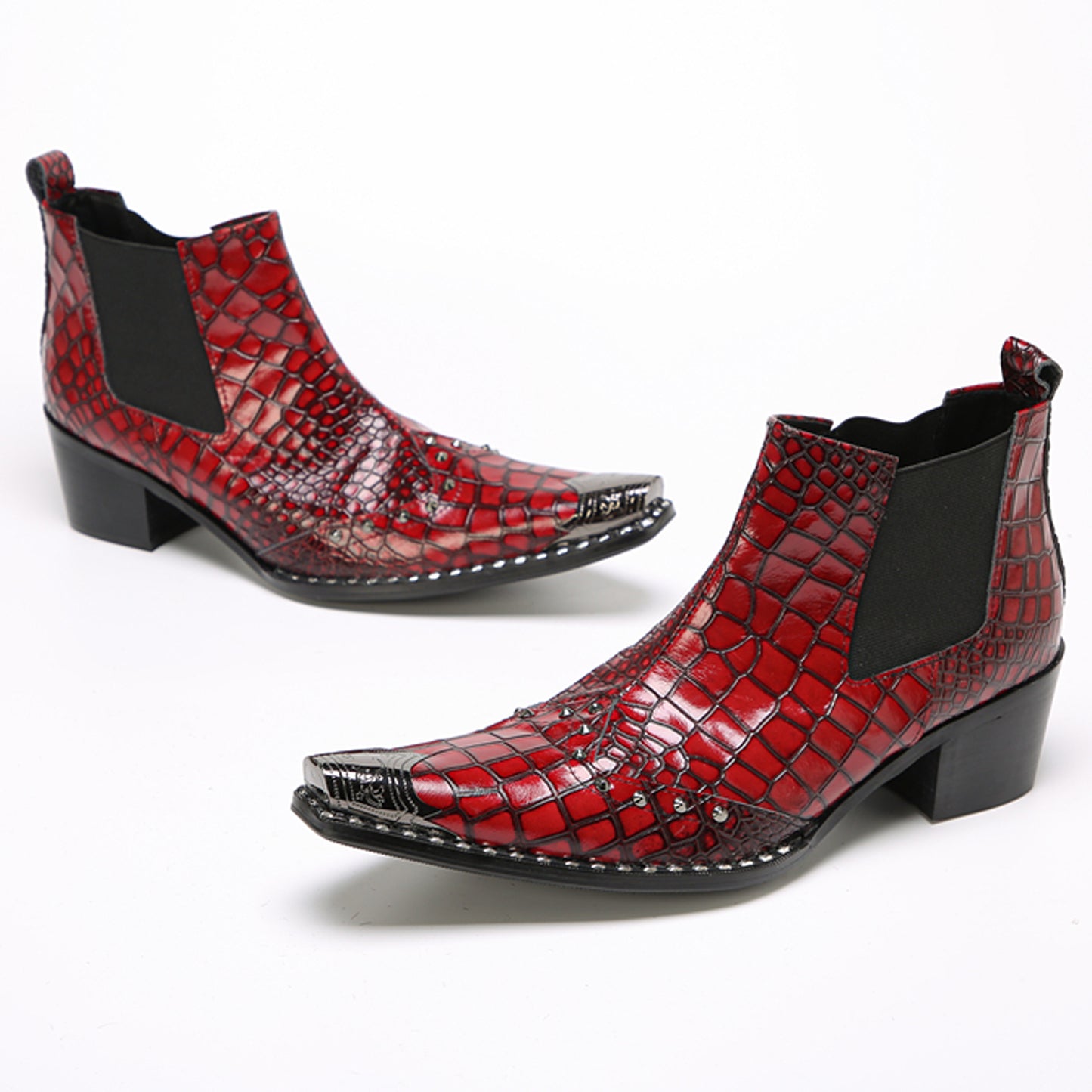 Mens Red Crocodile Print Party Dress Western Chelsea Boots