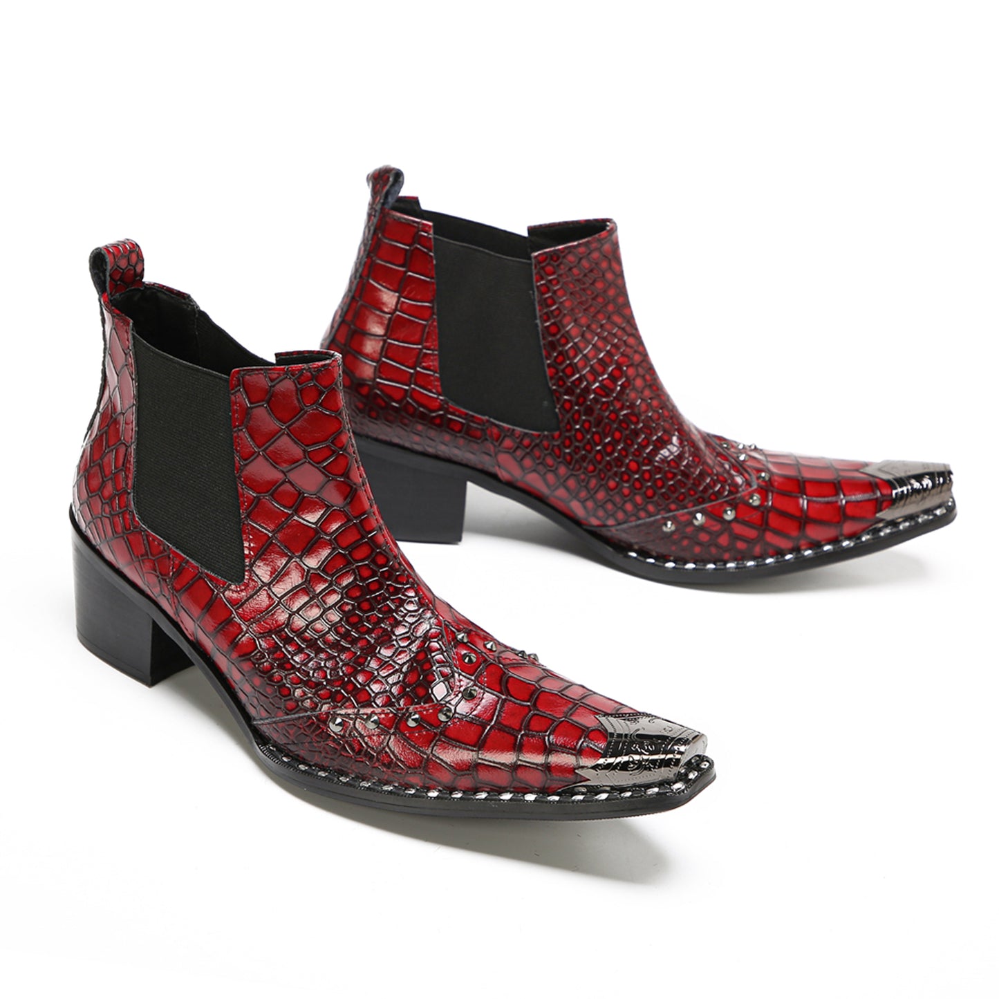 Mens Red Crocodile Print Party Dress Western Chelsea Boots