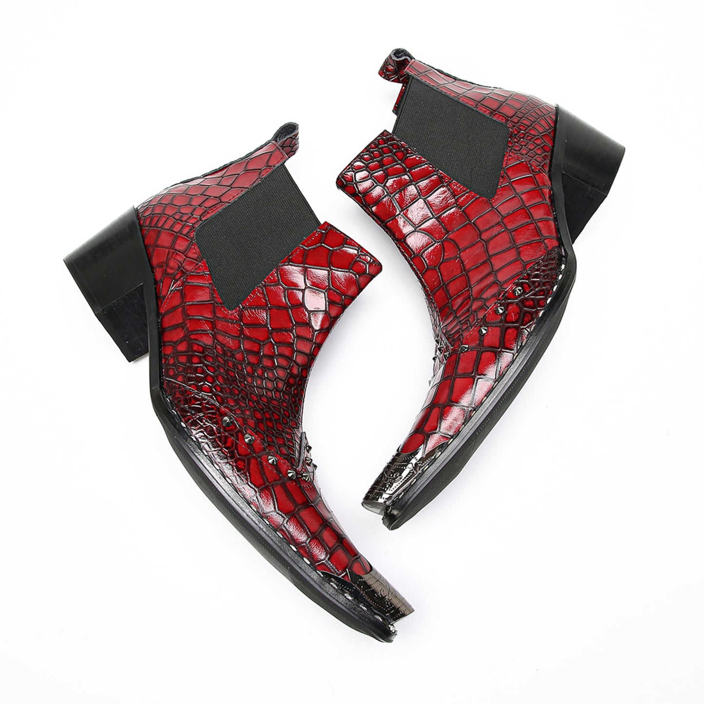 Mens Red Crocodile Print Party Dress Western Chelsea Boots