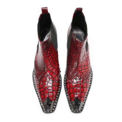 Mens Red Crocodile Print Party Dress Western Chelsea Boots