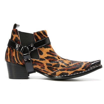 Mens Tiger Leopard Print & Harness Strap Western Chelsea Boots