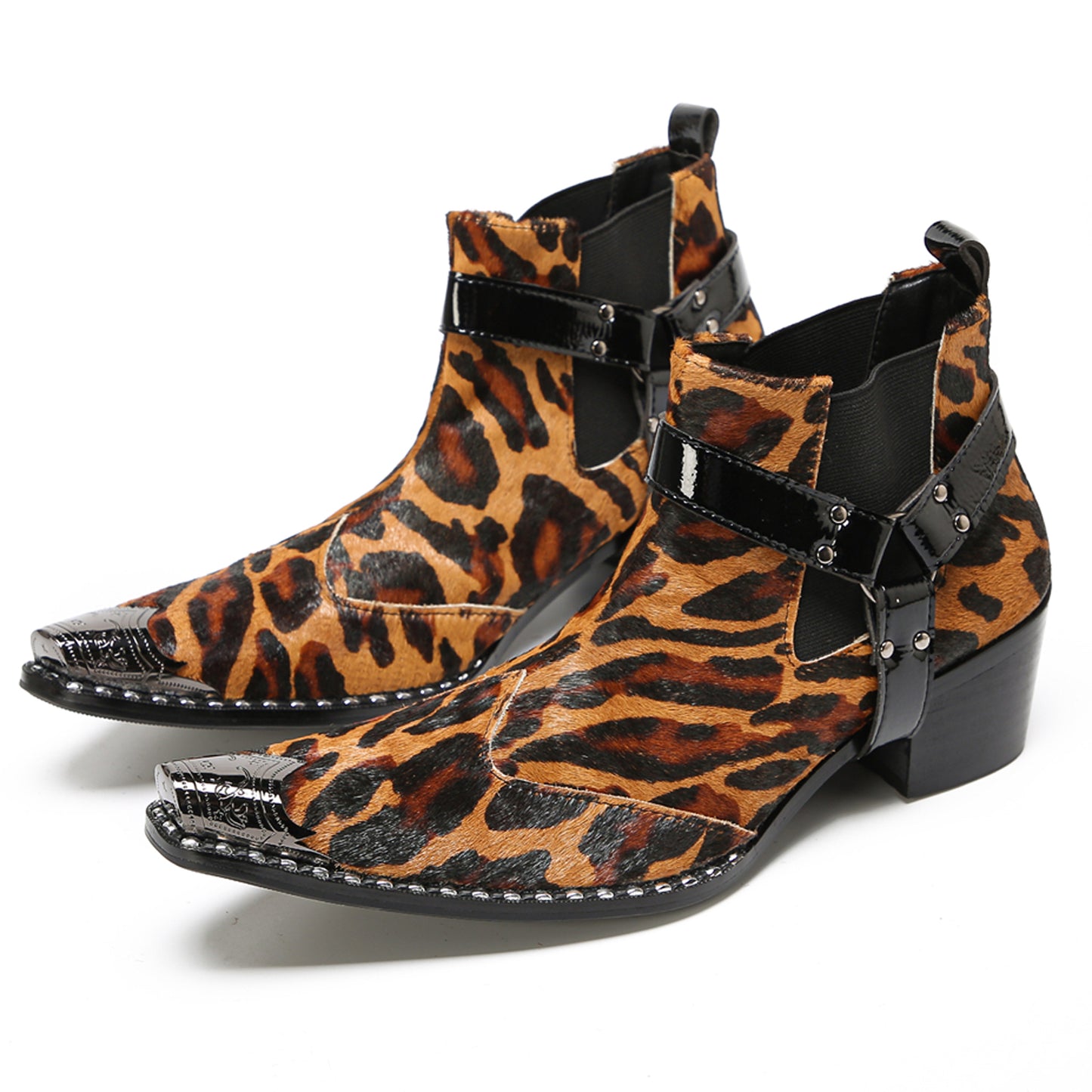 Mens Tiger Leopard Print & Harness Strap Western Chelsea Boots