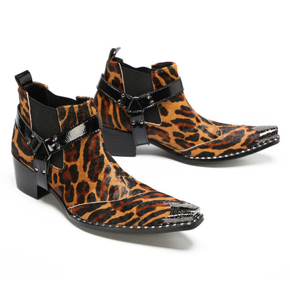 Mens Tiger Leopard Print & Harness Strap Western Chelsea Boots