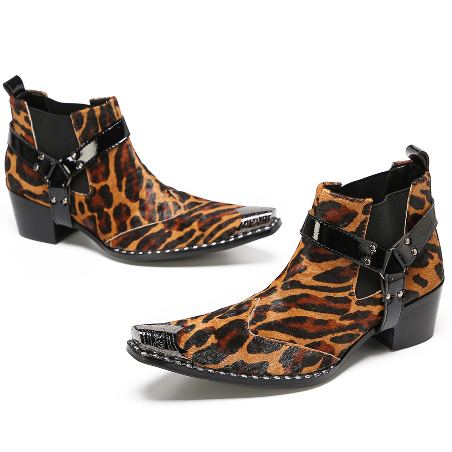 Mens Tiger Leopard Print & Harness Strap Western Chelsea Boots