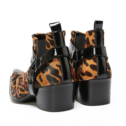 Mens Tiger Leopard Print & Harness Strap Western Chelsea Boots