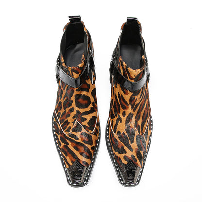 Mens Tiger Leopard Print & Harness Strap Western Chelsea Boots