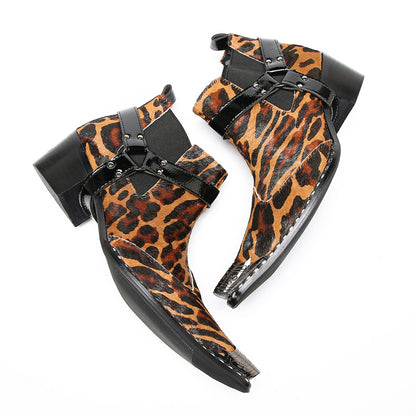 Mens Tiger Leopard Print & Harness Strap Western Chelsea Boots