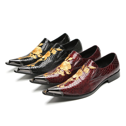 Mens Embroidered Rose Snake Pattern Patent Leather Western Loafers