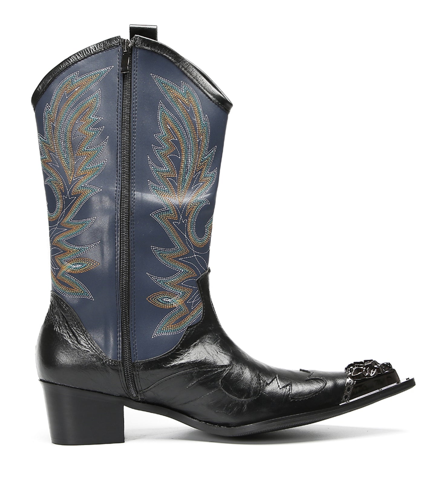Mens Navy Embroidered Pull-On Tabs Mid-Calf Shaft Western Cowboy Boots