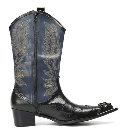 Mens Navy Embroidered Pull-On Tabs Mid-Calf Shaft Western Cowboy Boots
