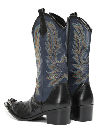 Mens Navy Embroidered Pull-On Tabs Mid-Calf Shaft Western Cowboy Boots