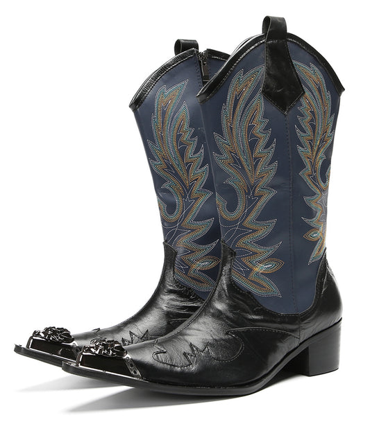 Mens Navy Embroidered Pull-On Tabs Mid-Calf Shaft Western Cowboy Boots