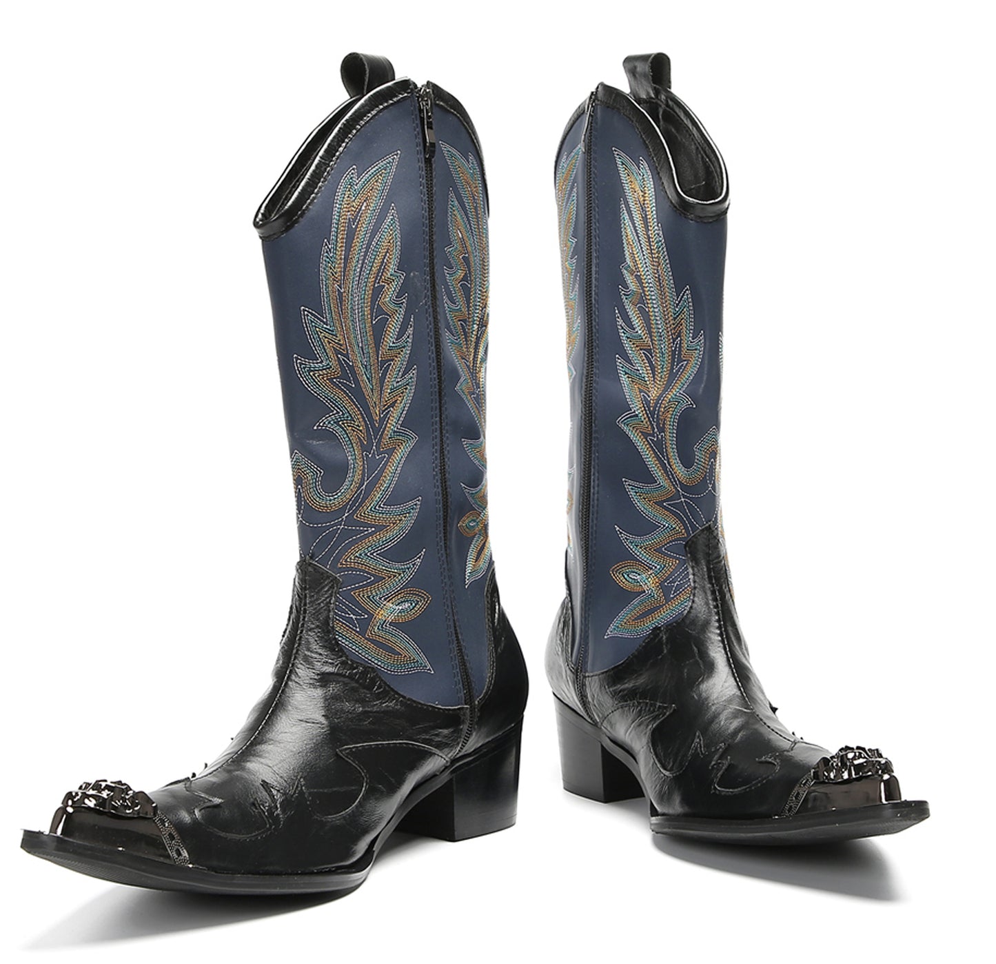 Mens Navy Embroidered Pull-On Tabs Mid-Calf Shaft Western Cowboy Boots