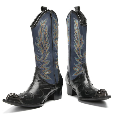 Mens Navy Embroidered Pull-On Tabs Mid-Calf Shaft Western Cowboy Boots