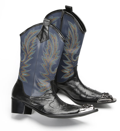 Mens Navy Embroidered Pull-On Tabs Mid-Calf Shaft Western Cowboy Boots