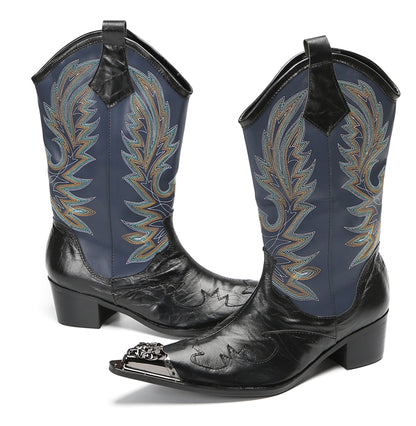 Mens Navy Embroidered Pull-On Tabs Mid-Calf Shaft Western Cowboy Boots