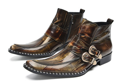 Mens Genunie Leather Casual Dress Party Leather Buckle Western Ankle Boots