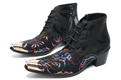 Mens Genunie Leather Black Camouflage Sequin Lace-Up Ankle Western Oxfords Boots
