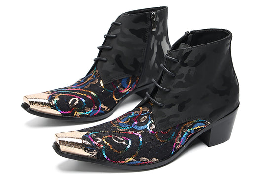 Mens Genunie Leather Black Camouflage Sequin Lace-Up Ankle Western Oxfords Boots