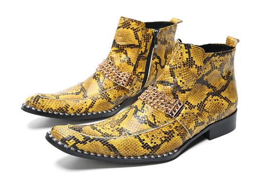 Mens Yellow Snake Print Leather Chain Detail Zipper Bar Ankle Boots