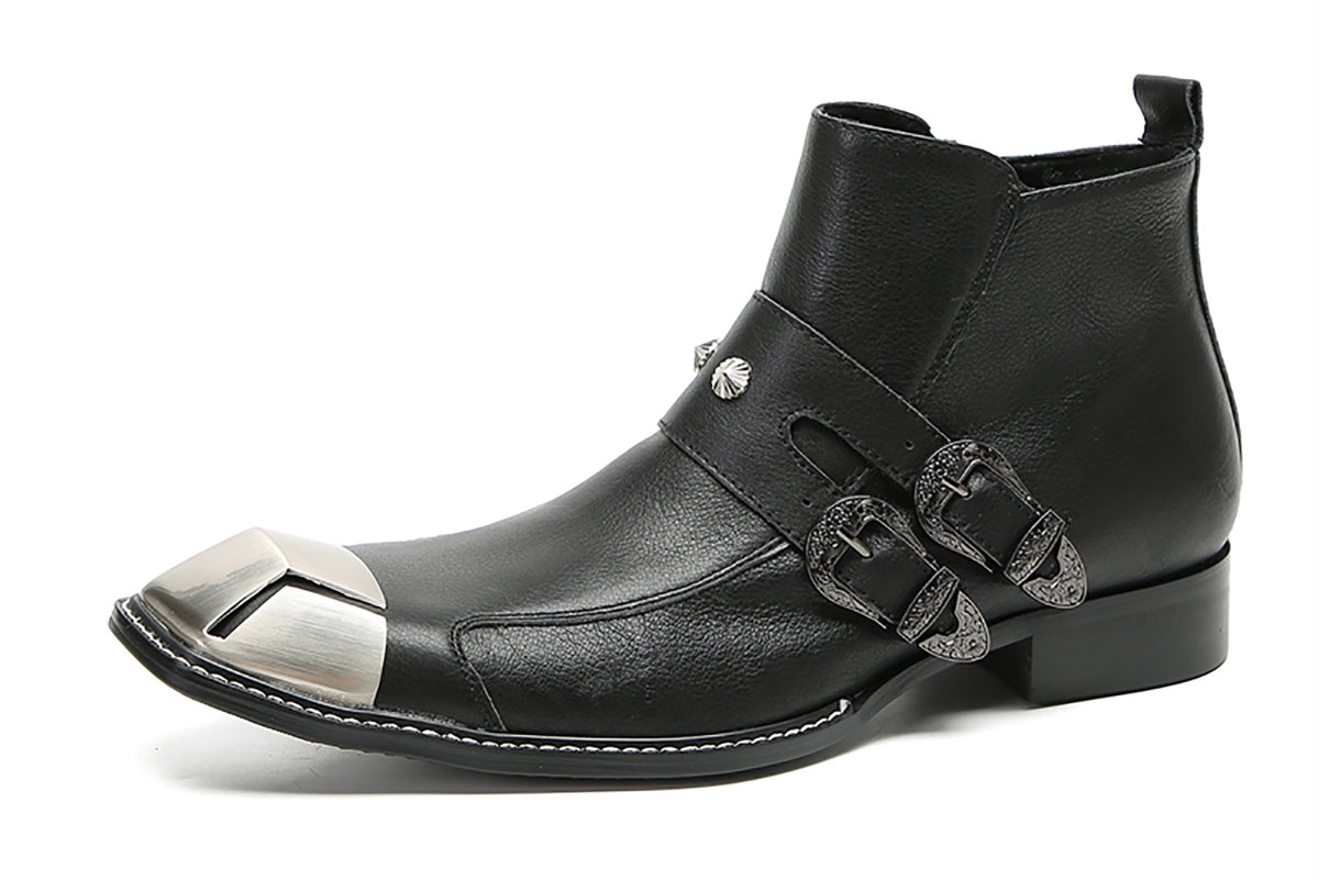Mens Genunie Leather Metal Square Toe Buckles Zipper Ankle Western Boots